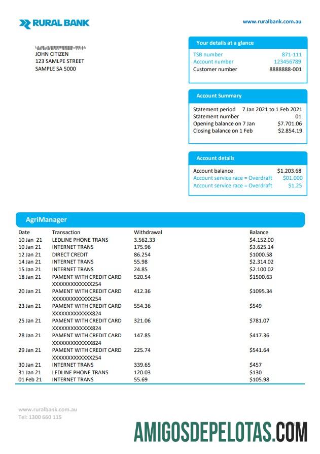 Modelo realista de comprovante de endereço do banco rural da Austrália em formato Word e PDF